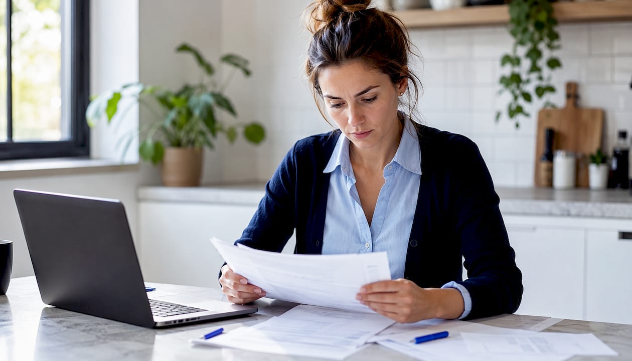 Een vrouw zit op kantoor geconcentreerd aan haar administratie en vult de papieren voor de schenkbelasting in.