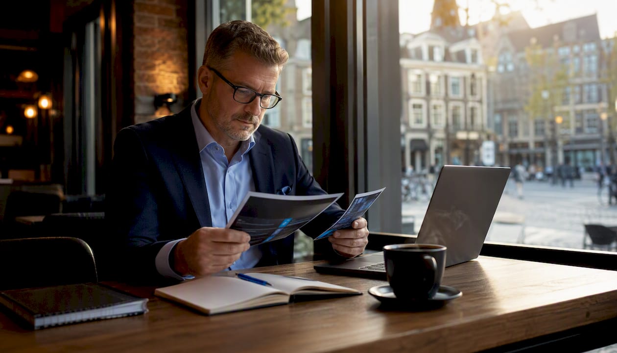 Ondernemer vergelijkt beleggingsapps aan zijn bureau