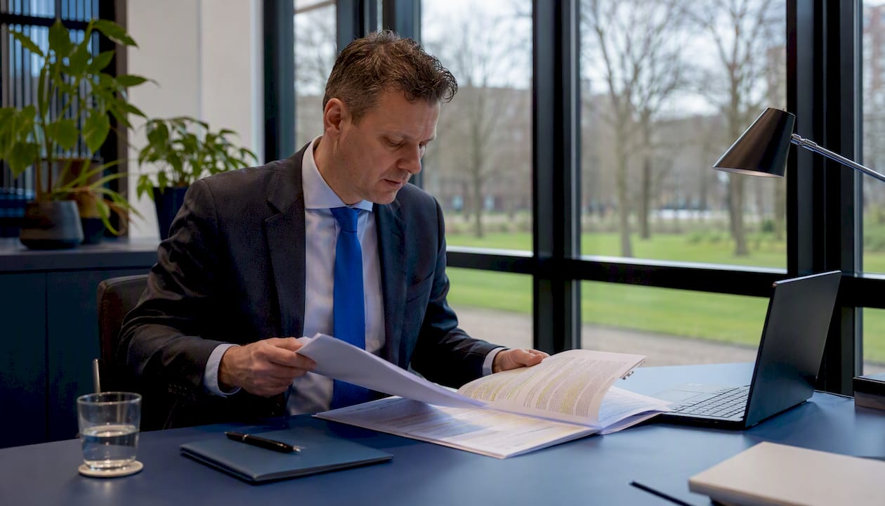 Een financieel adviseur bekijkt samen met een gezin hun vermogensoverzicht en belangrijke financiële papieren.