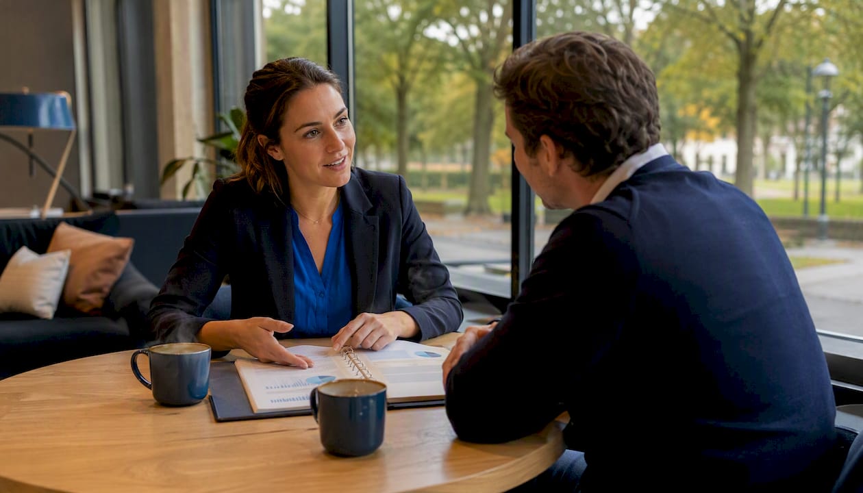 Twee vakgenoten praten met elkaar over de dienstverlening van een family office.