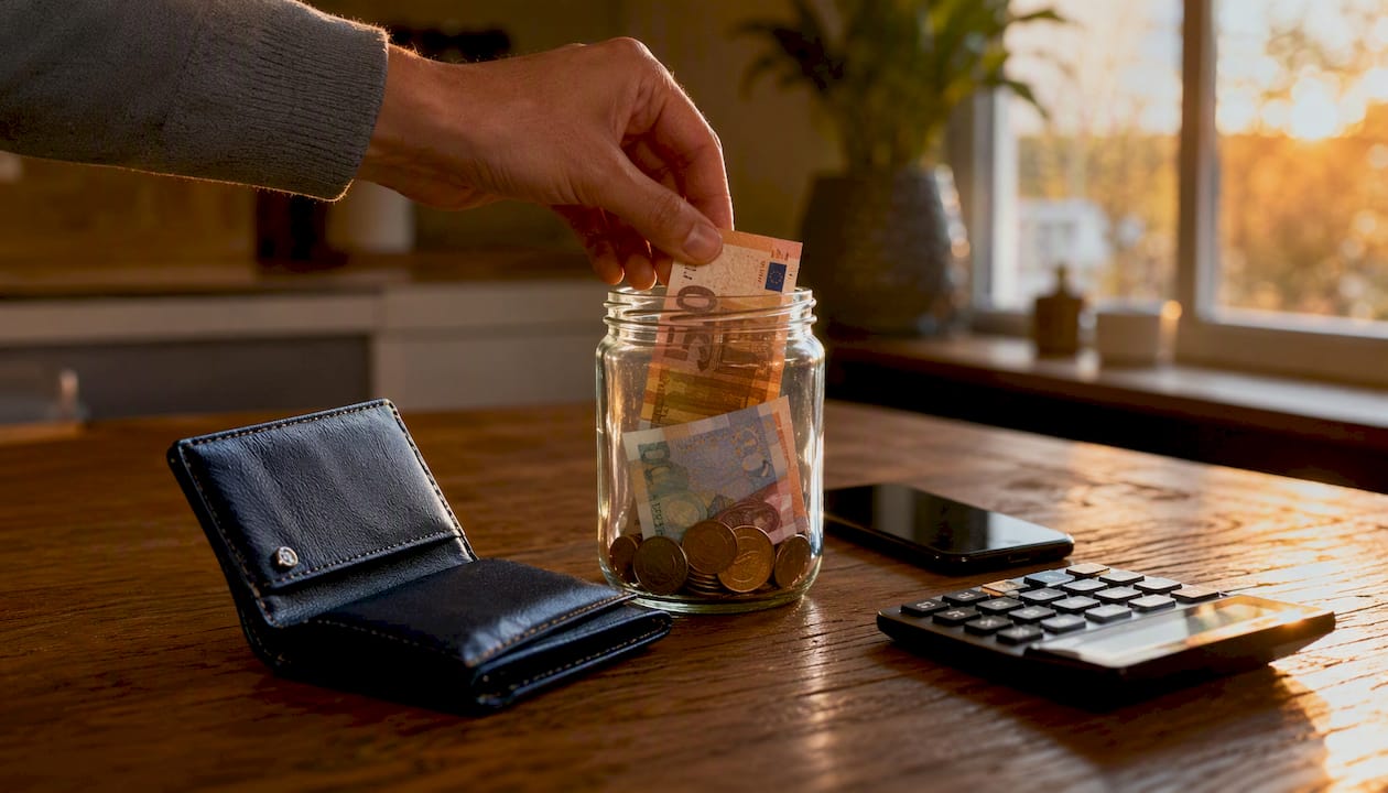 Een hand stopt geld in een potje bestemd voor de belasting.