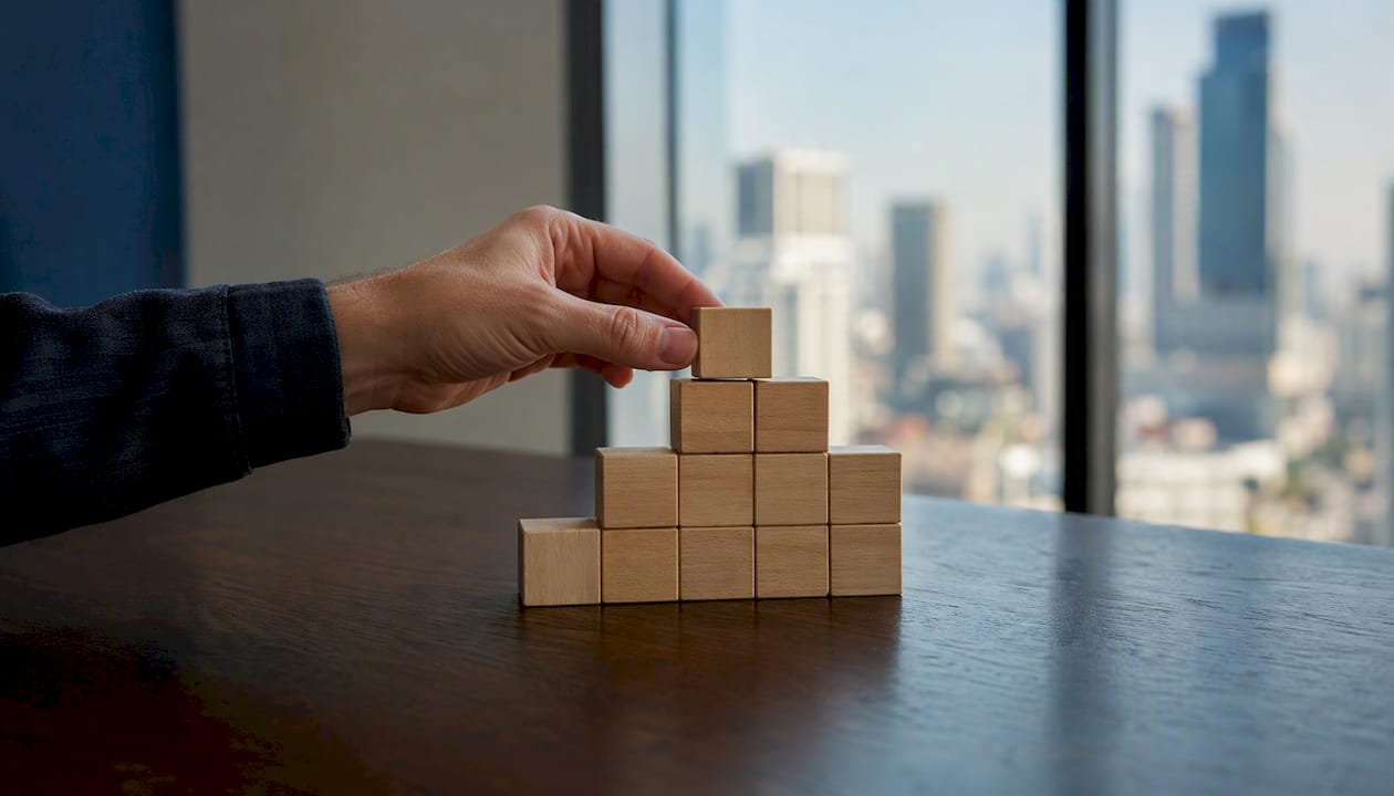 Een hand die houten blokjes verschuift, waarbij elk blokje een fiscale organisatie symboliseert.