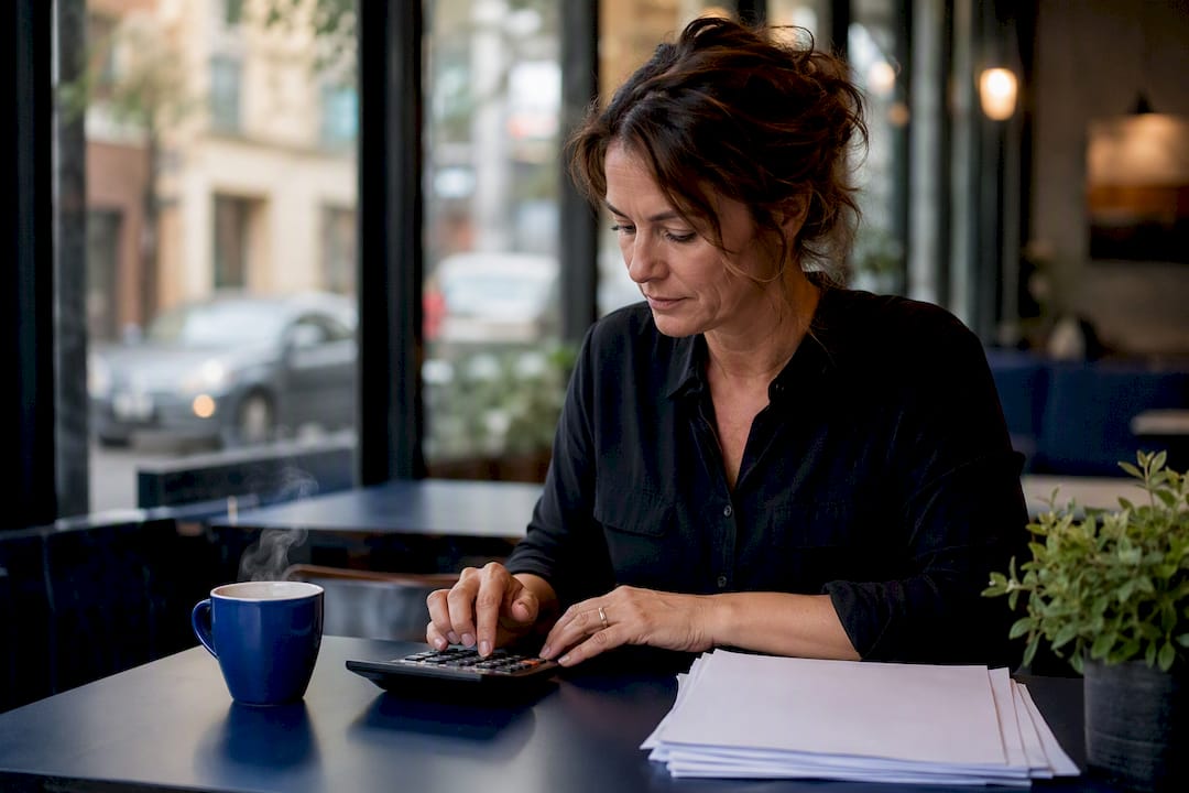 Handen die bezig zijn met een rekenmachine en financiële documenten