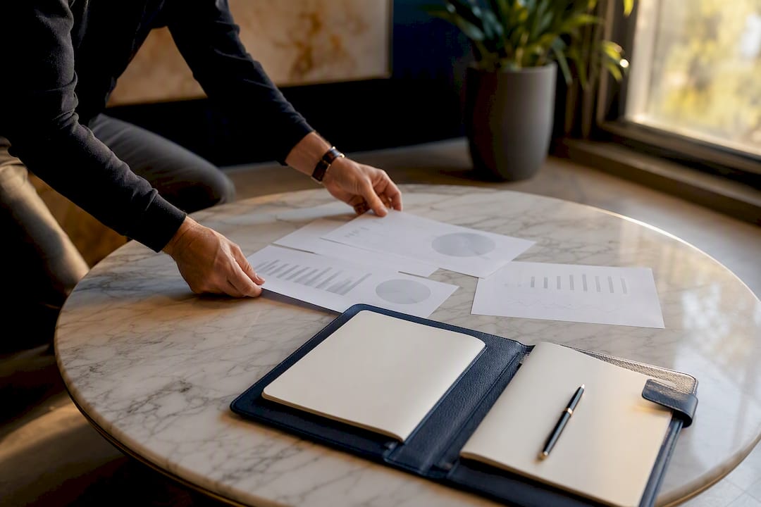 Iemand schuift grafieken en financiële overzichten op het bureau heen en weer om de cijfers beter te bekijken.