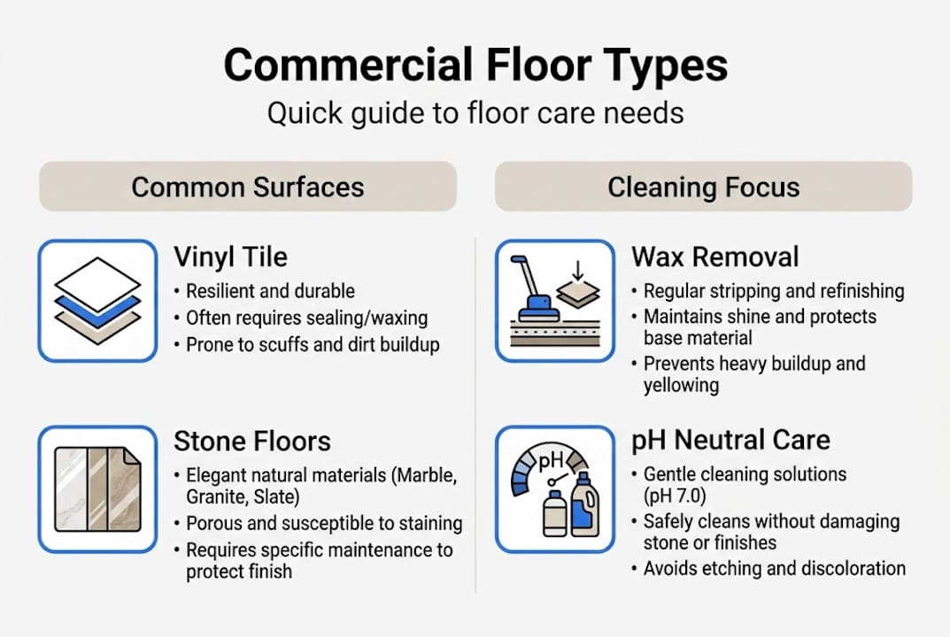 Infographic overview of floor types and cleaning focus