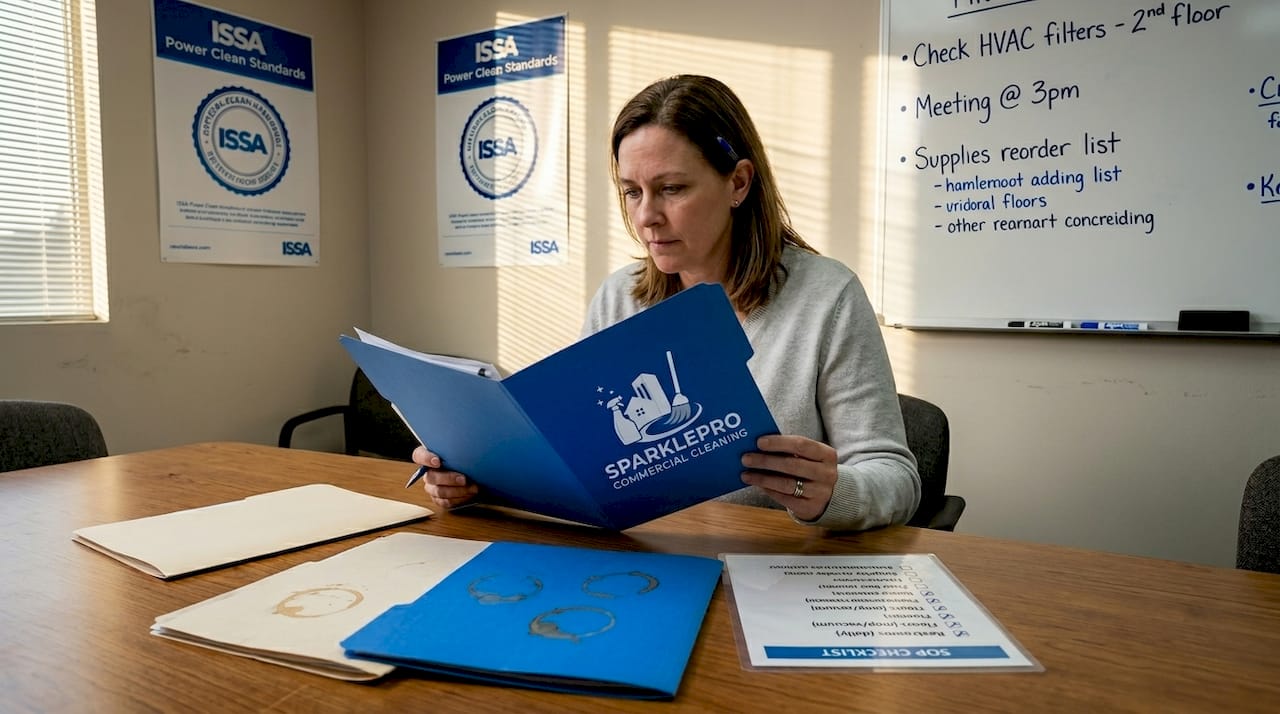 Facilities coordinator reviews janitorial service contract