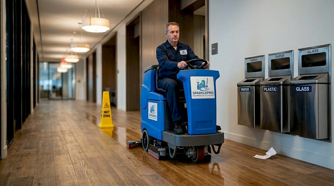 Janitor with floor scrubber in office corridor