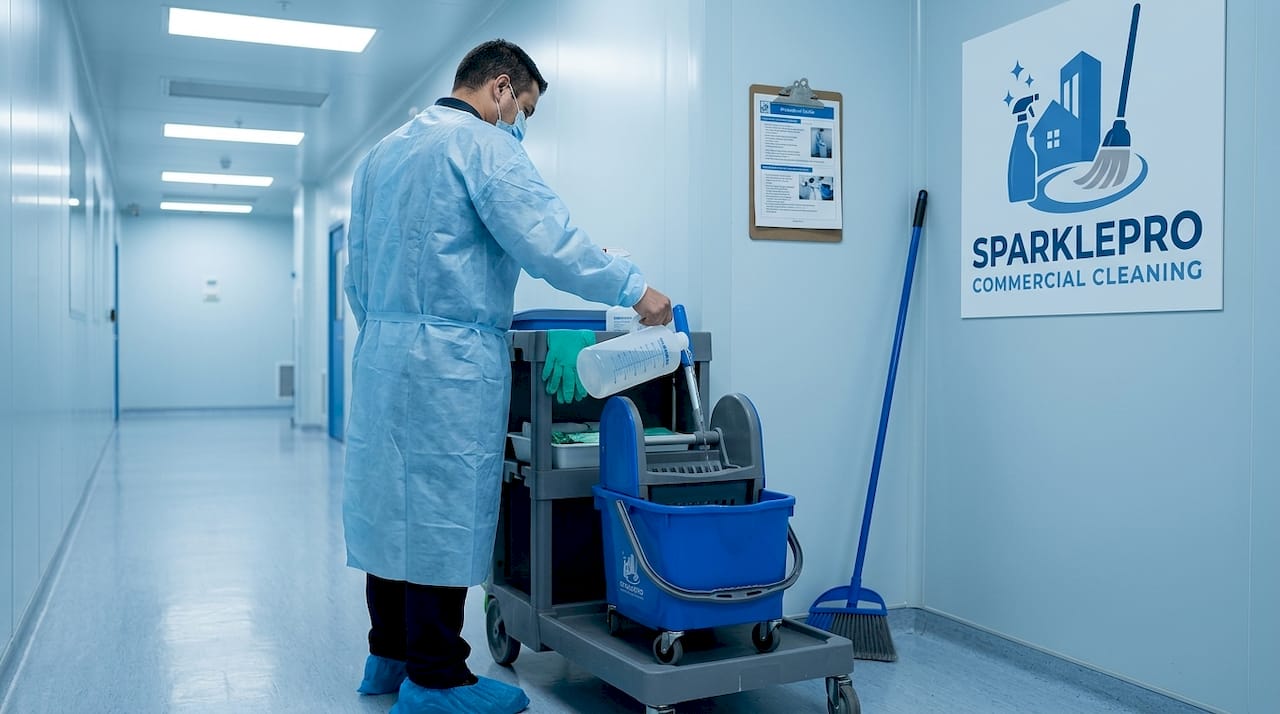 Staff prepares disinfectant in cleanroom corridor