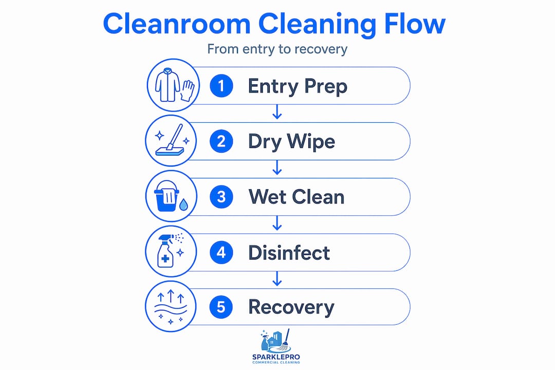 Infographic depicting cleanroom cleaning step flow