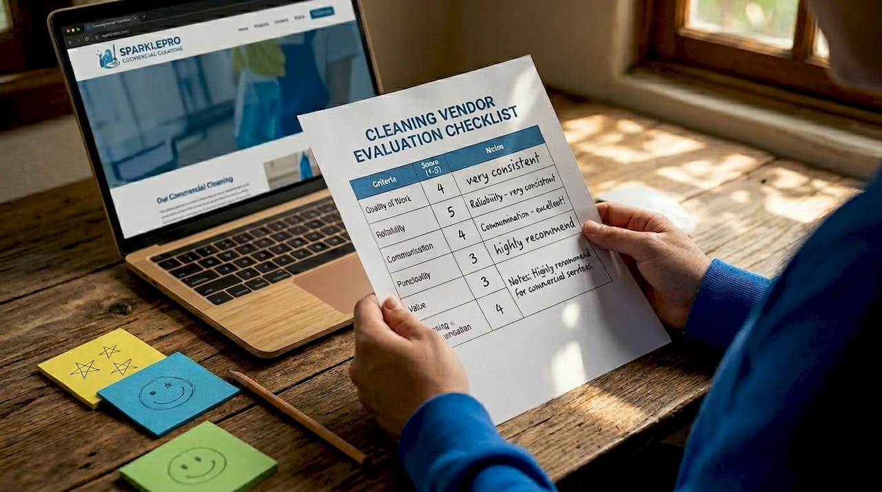 Hands holding cleaning vendor evaluation checklist