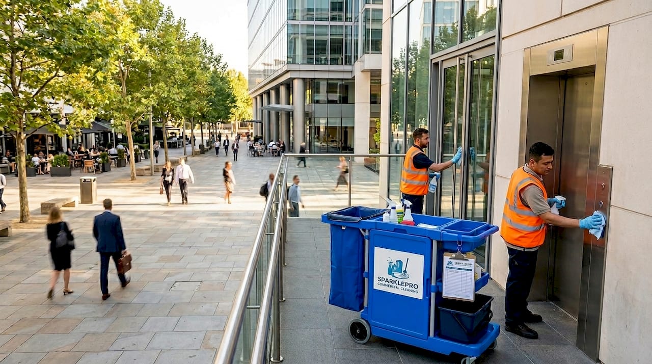 Cleaning staff disinfecting high-touch surfaces