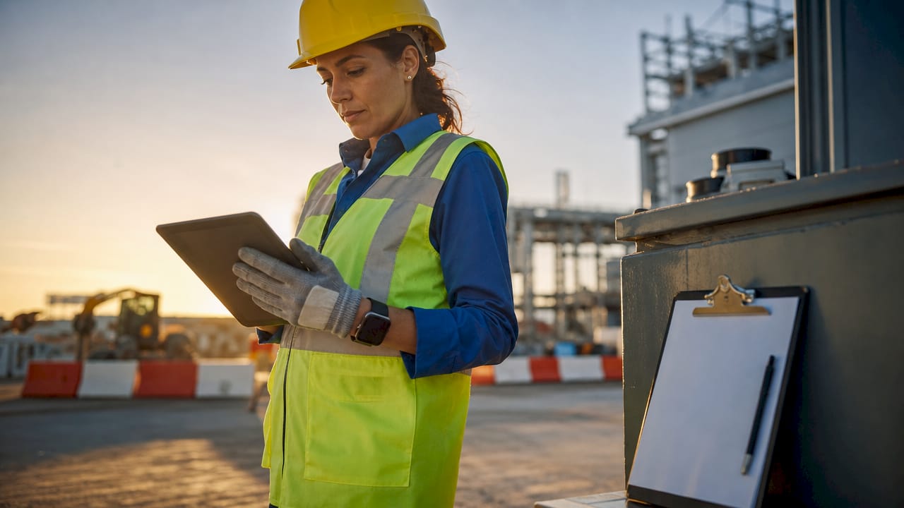 Safety inspector hands with tablet and checklist