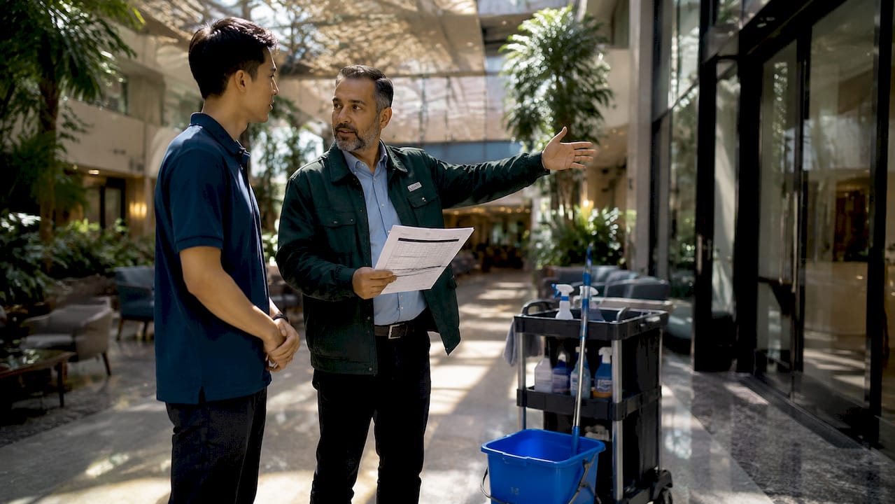 Janitorial supervisor reviewing cleaning checklist with staff