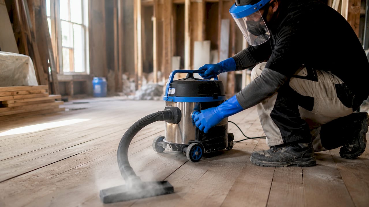 Hands operating HEPA vacuum in construction cleaning