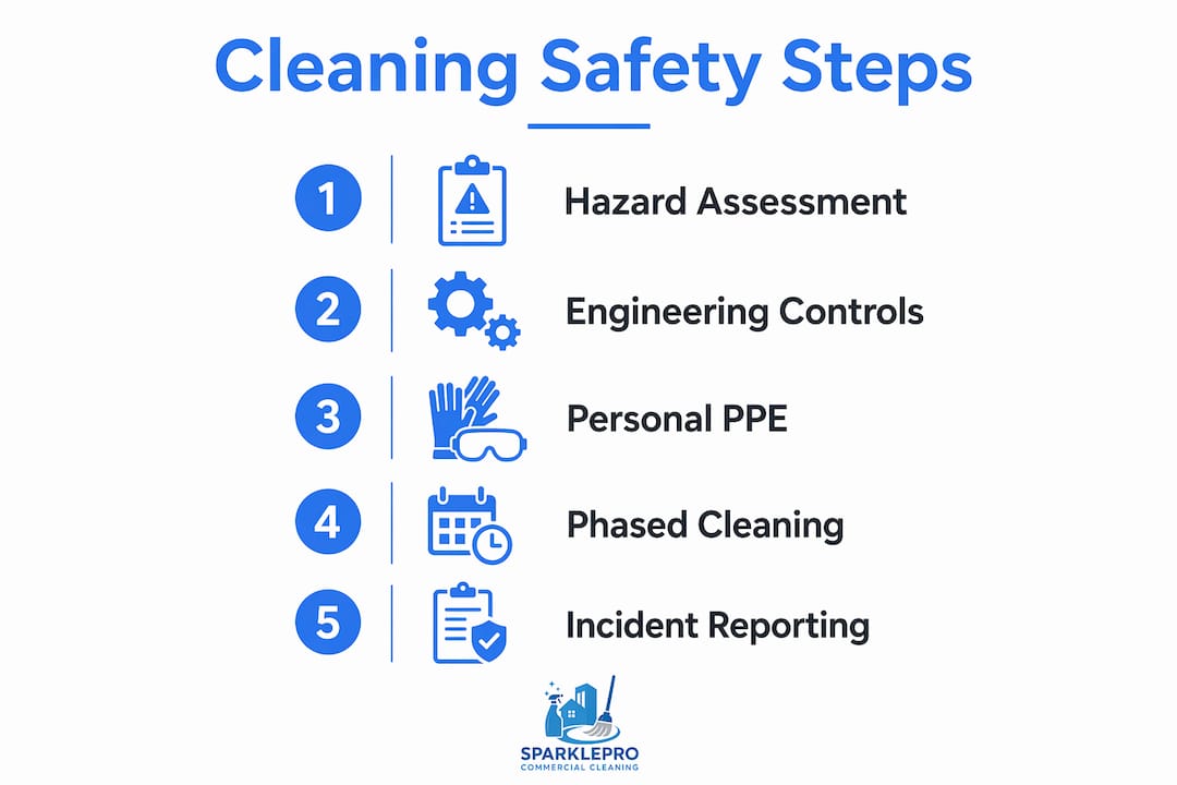 Infographic showing construction cleaning safety steps