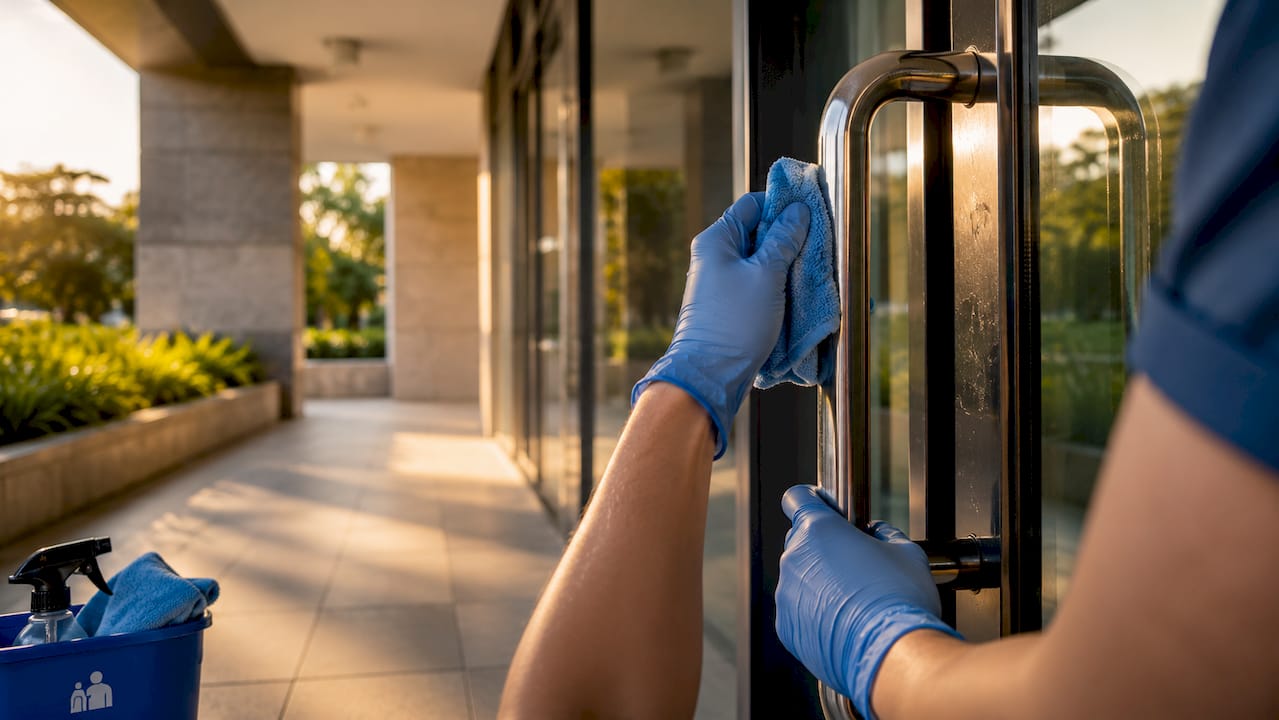 Hands sanitizing door handle in facility