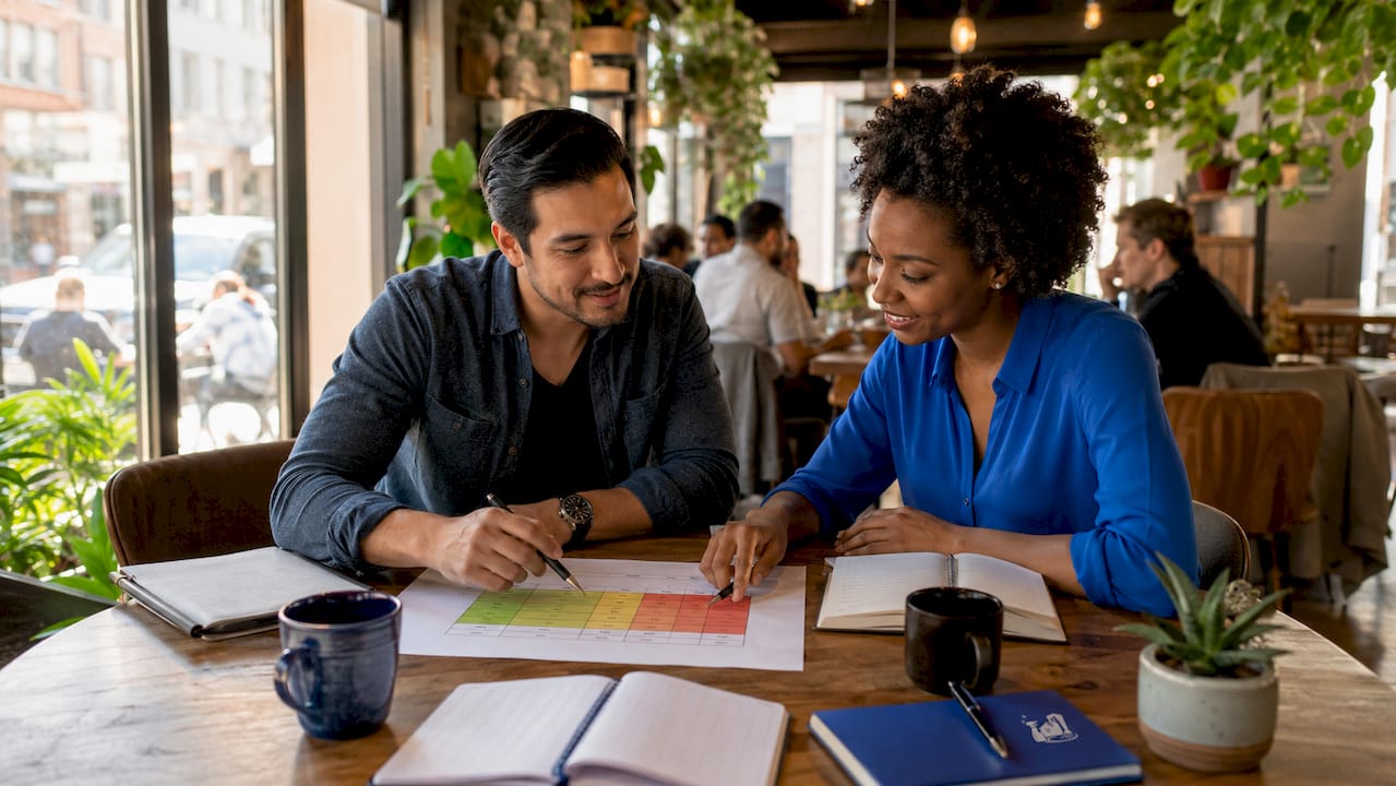 Professionals discussing cleaning risk matrix on table