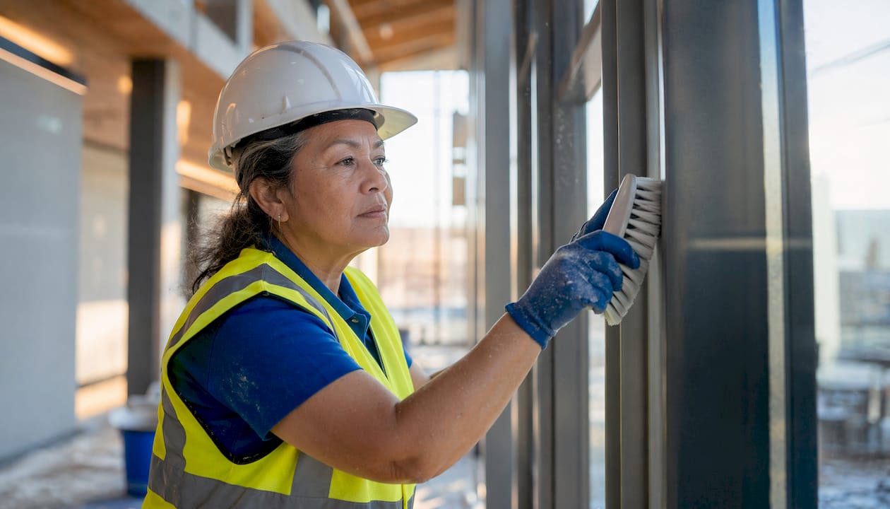 Supervisor performing detail cleaning in new office