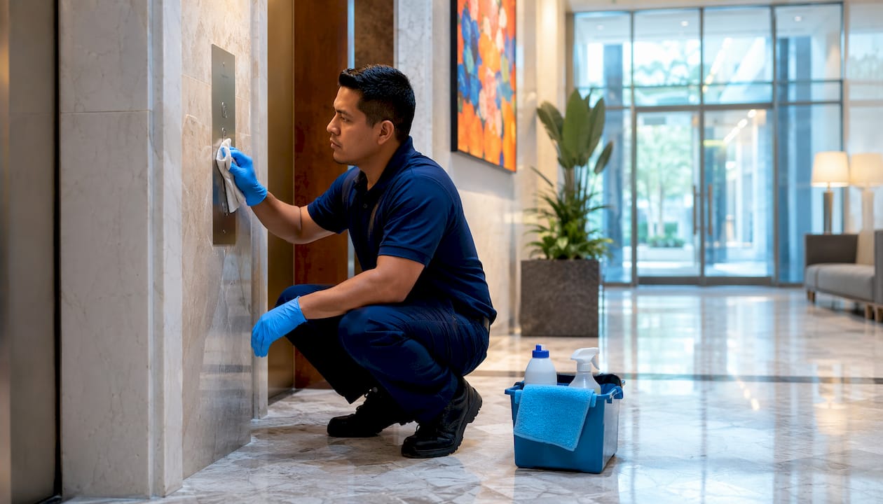 Janitor disinfecting elevator panel in lobby