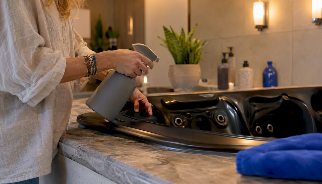 Hands spraying cleaner on spa acrylic panel