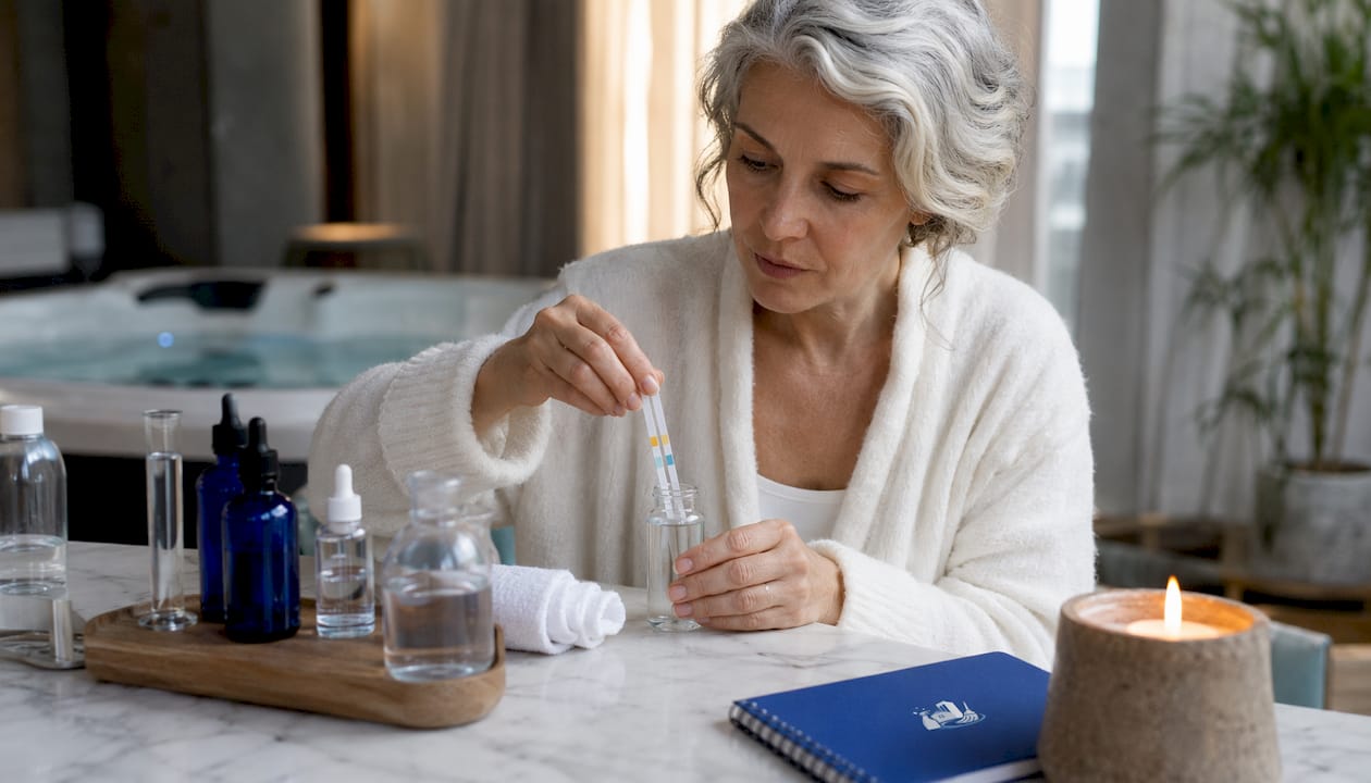 Woman testing spa water with strips