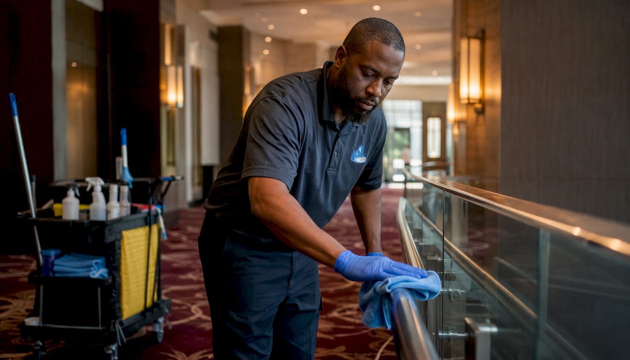 Janitor cleaning corridor handrail in uniform