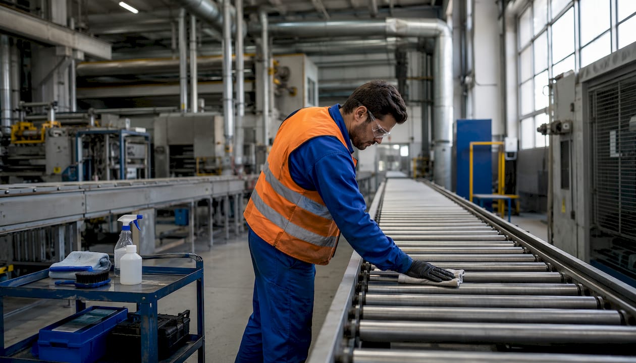 Technician cleaning conveyor rollers in factory
