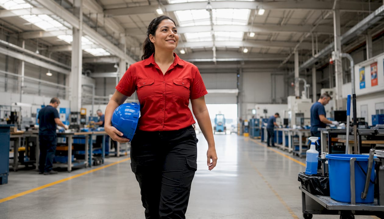 Happy female worker walking in clean factory floor