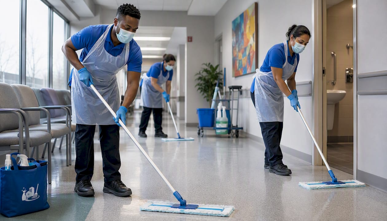 Cleaning team disinfecting hospital corridor