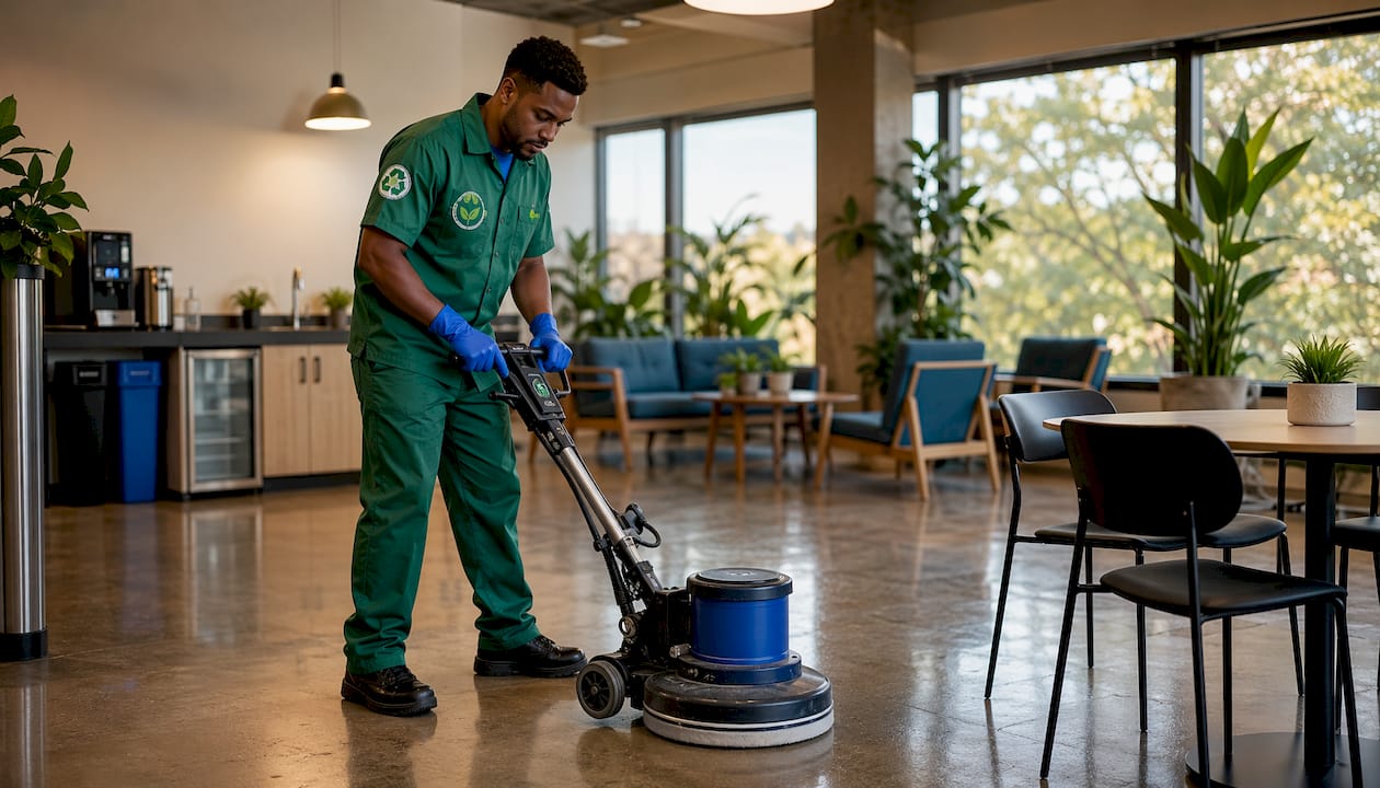 Janitor using eco-friendly floor scrubber
