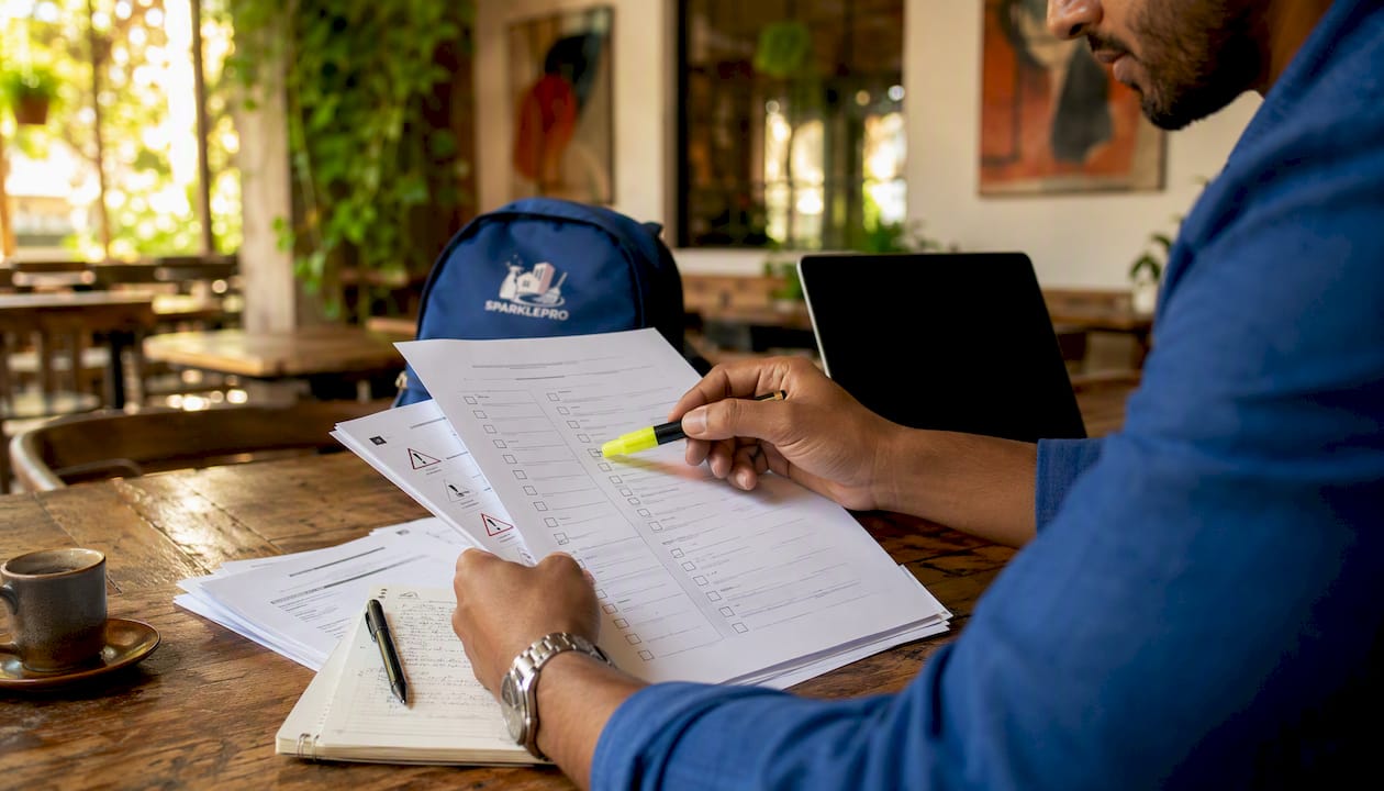 Close-up of hand reviewing disinfecting vendor documents