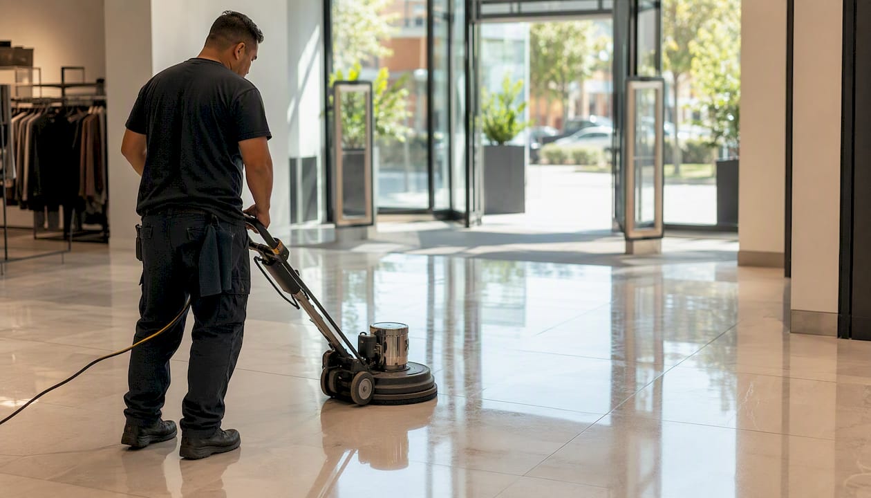 Hand polishing floor in final clean phase