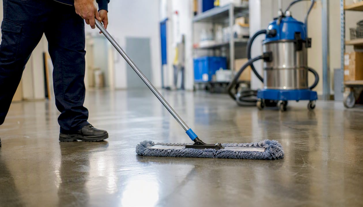 Hands mopping tile floor in commercial building