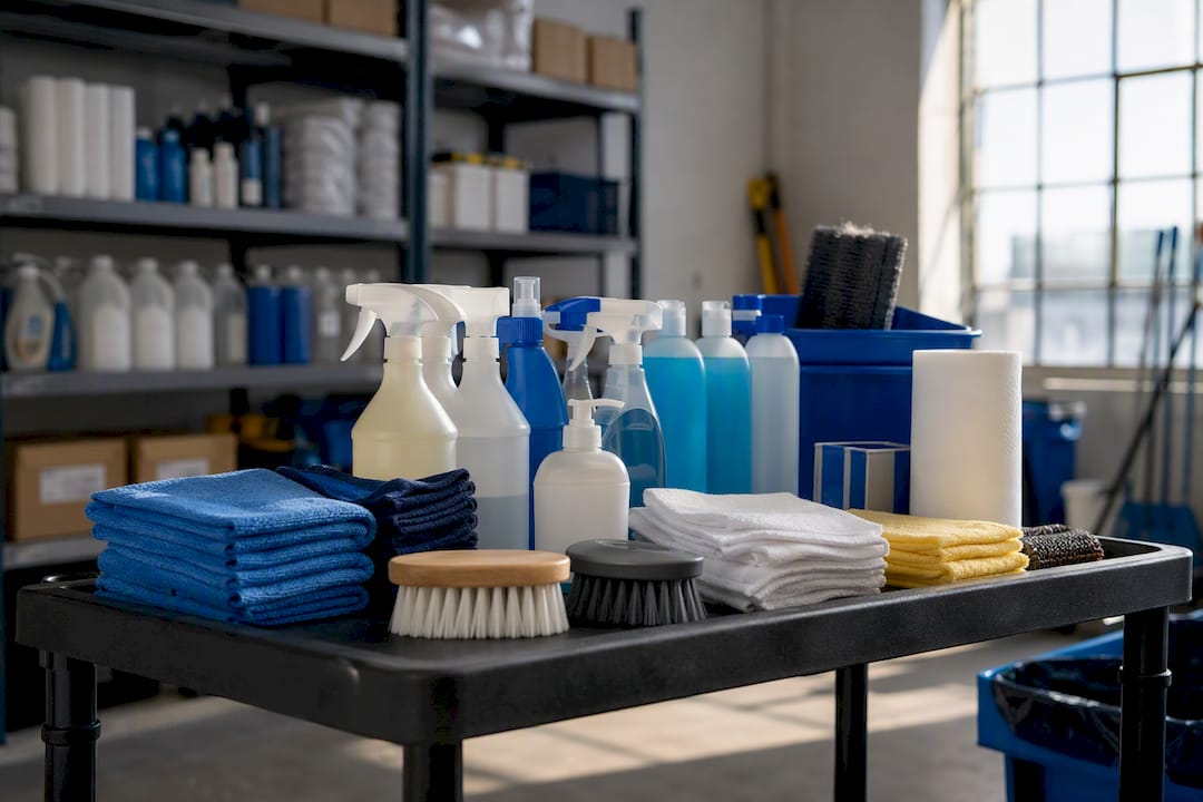 Cleaning supplies and tools on cart in warehouse