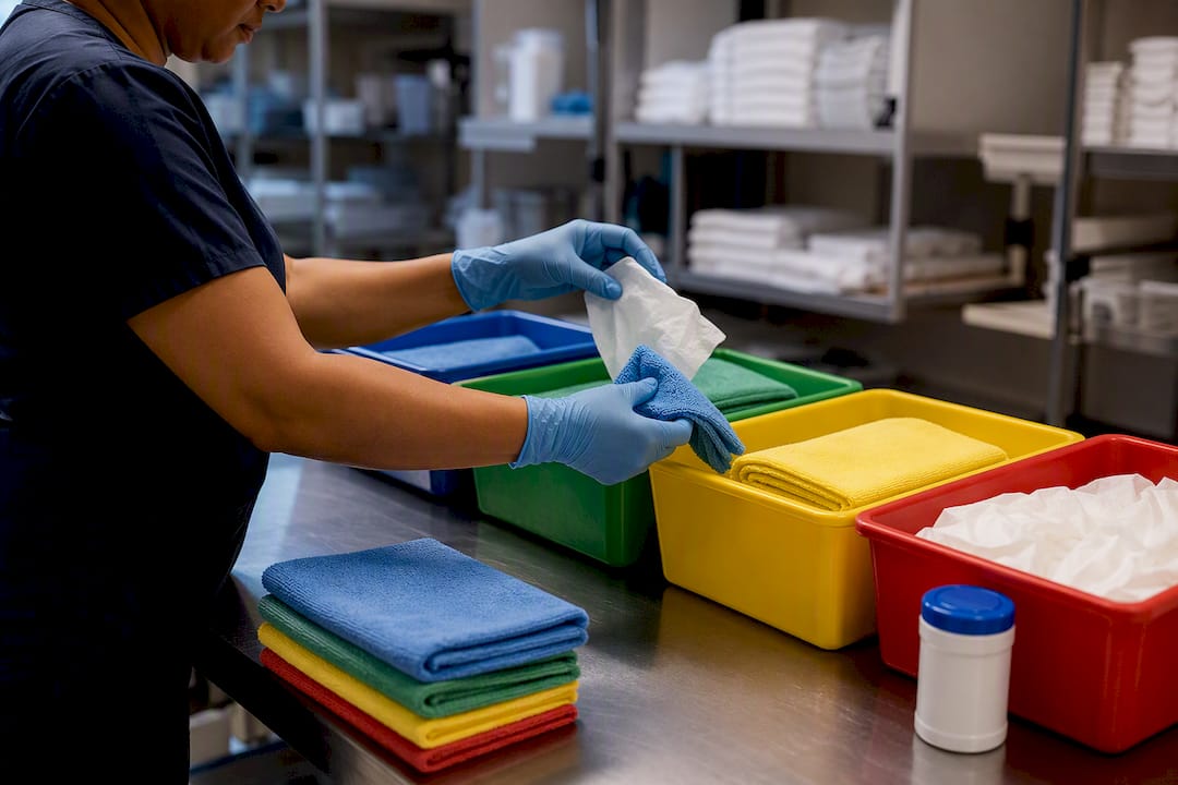 Color-coded wipes and microfiber cloths