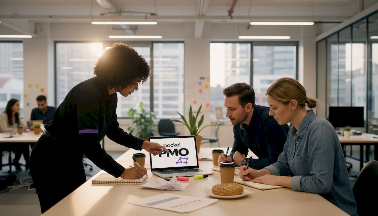 Team discusses project template around table