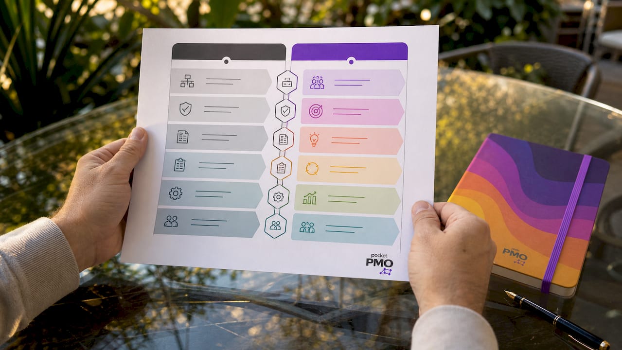 Hands reviewing traditional vs Agile PMO chart