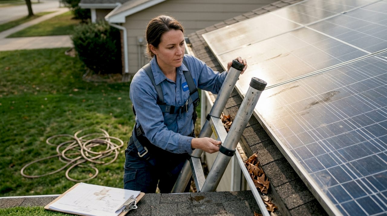 Technician inspecting ladder near solar panels