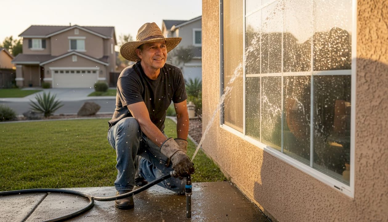 Sprinkler spraying water onto window glass