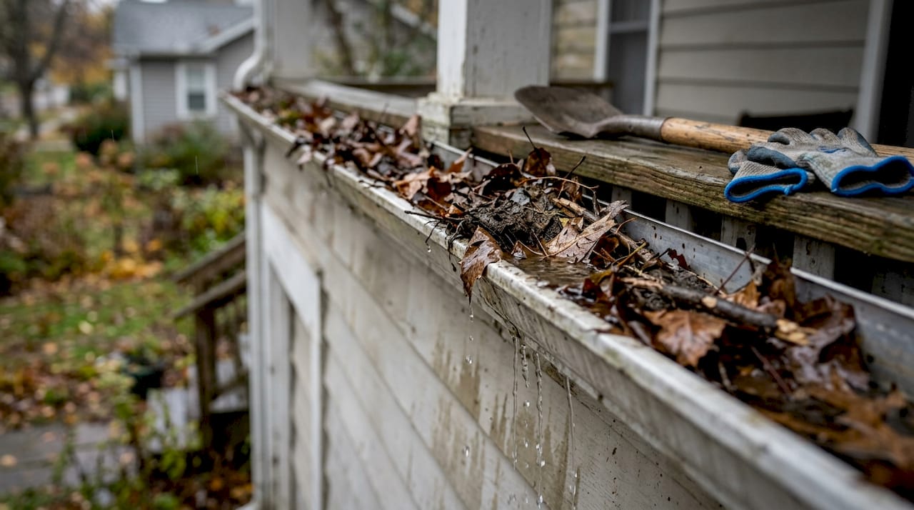 Clogged gutter overflowing with rainwater