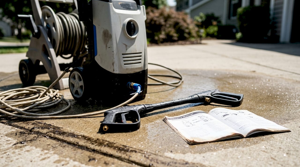 Pressure washer parts and setup on driveway