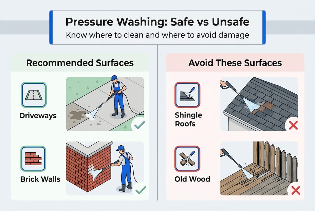 Infographic showing safe and unsafe surfaces for pressure washing
