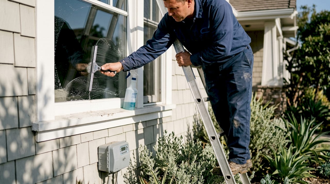 Technician professionally cleaning upper window