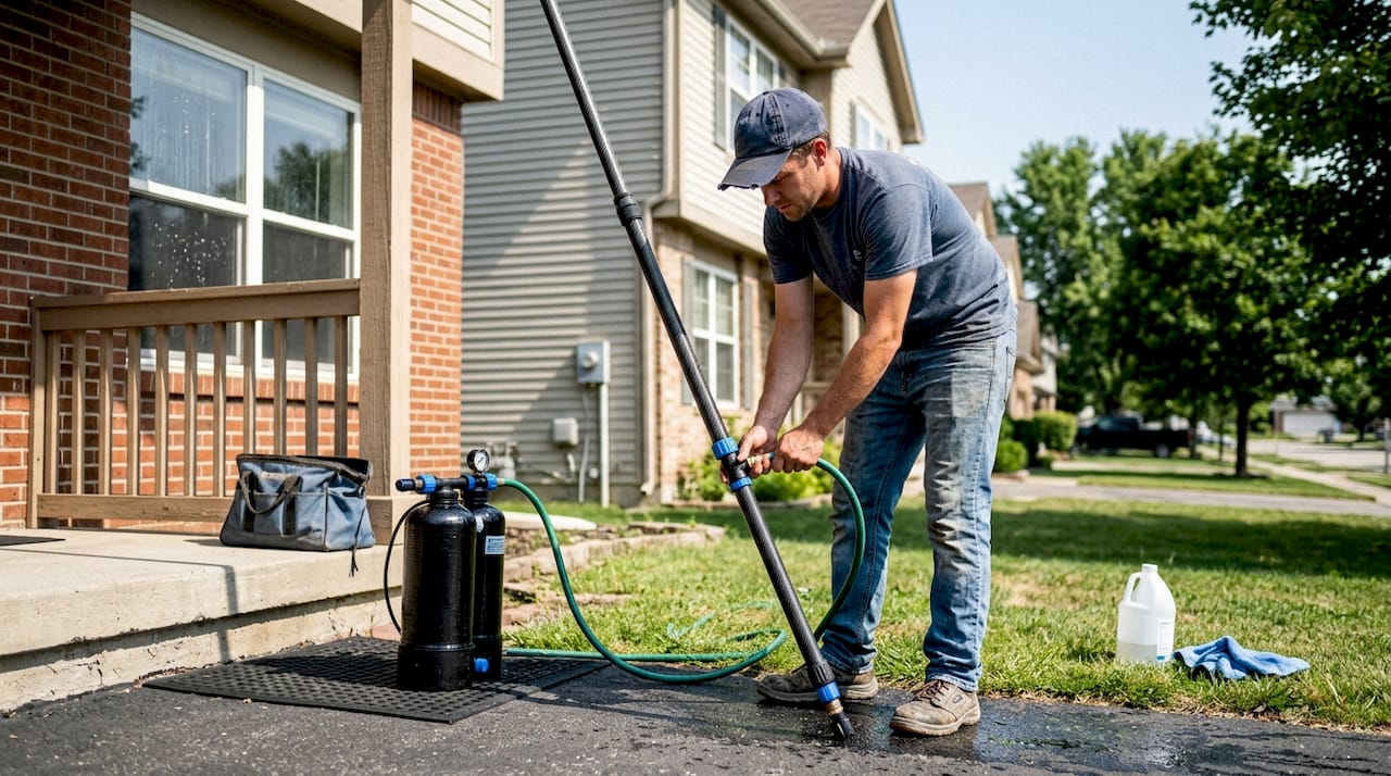 Technician using pure water pole on windows