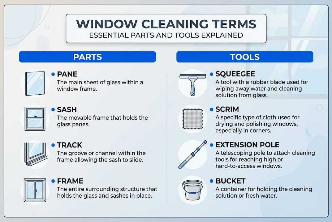 Infographic with window parts and tools