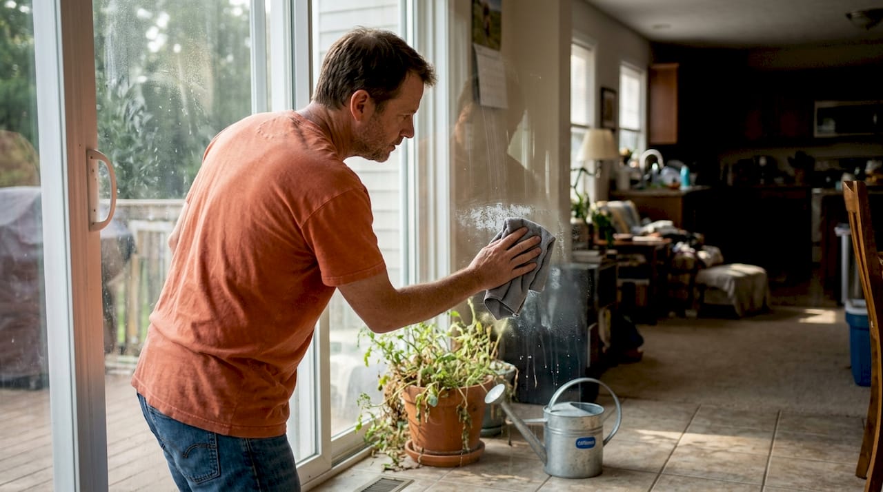 Homeowner scrubbing hard water stains on window