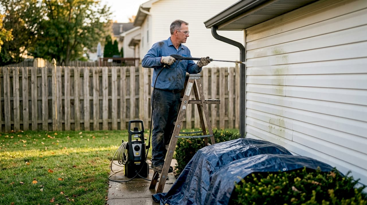 Man pressure washing gutters with safety gear