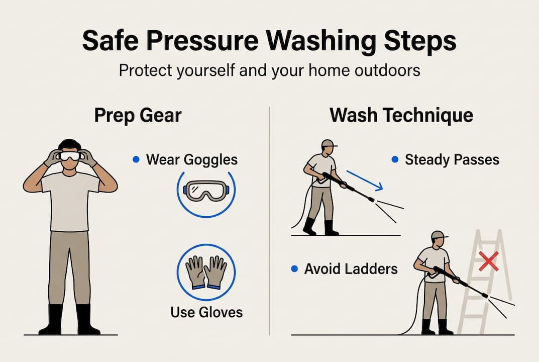 Infographic summarizing safe pressure washing steps