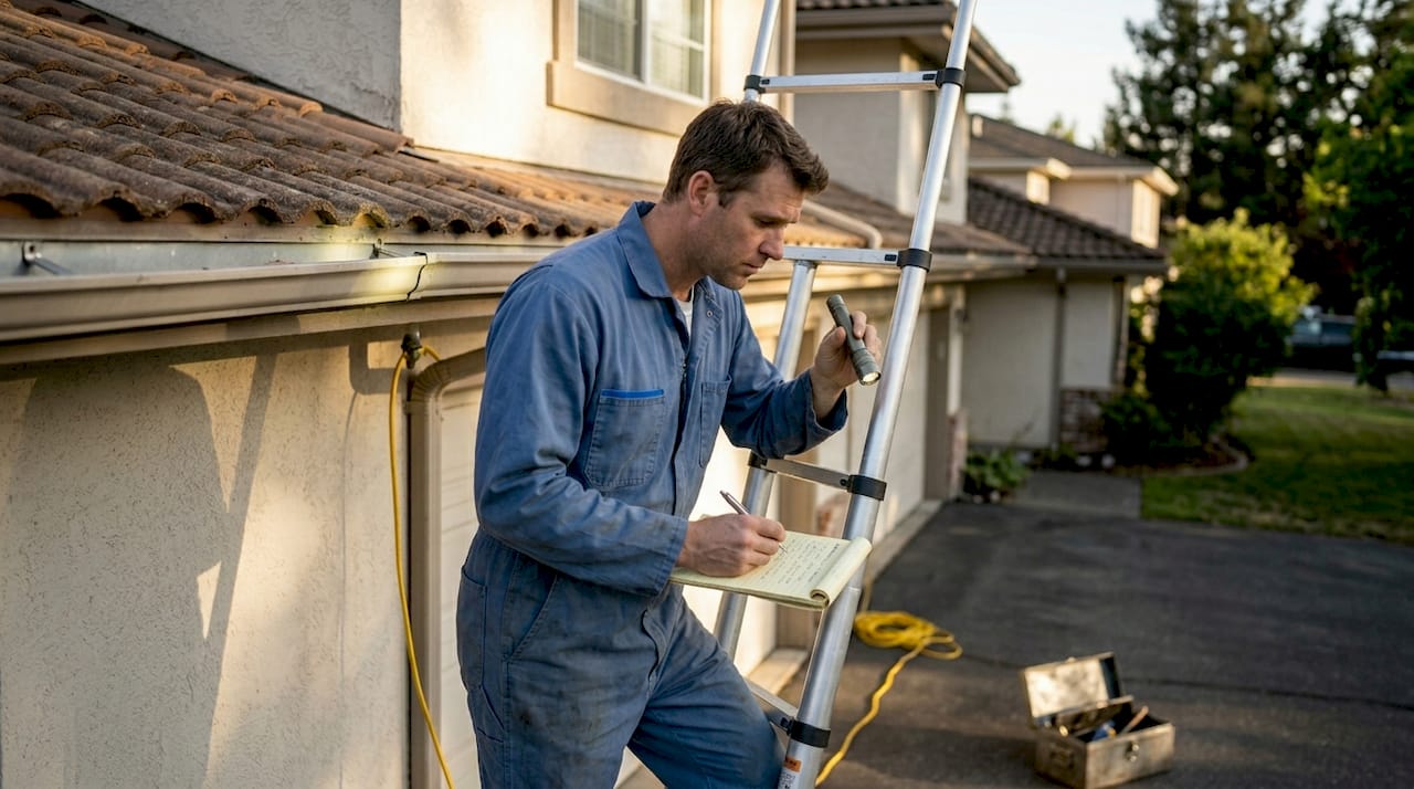 Technician inspects gutters for safety issues
