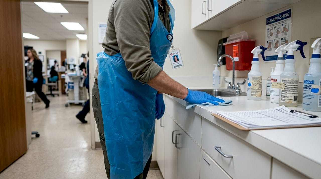 Cleaner sanitizing exam room in medical clinic